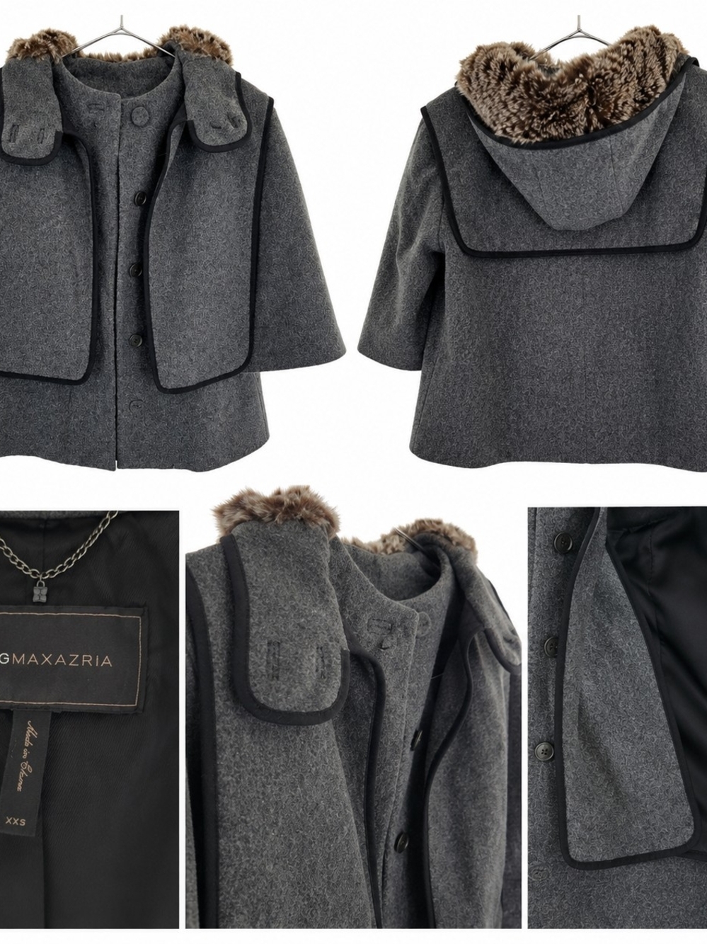 BCBGMaxAzria Gray Hooded Wool-Blend Cape with Faux Fur Trim